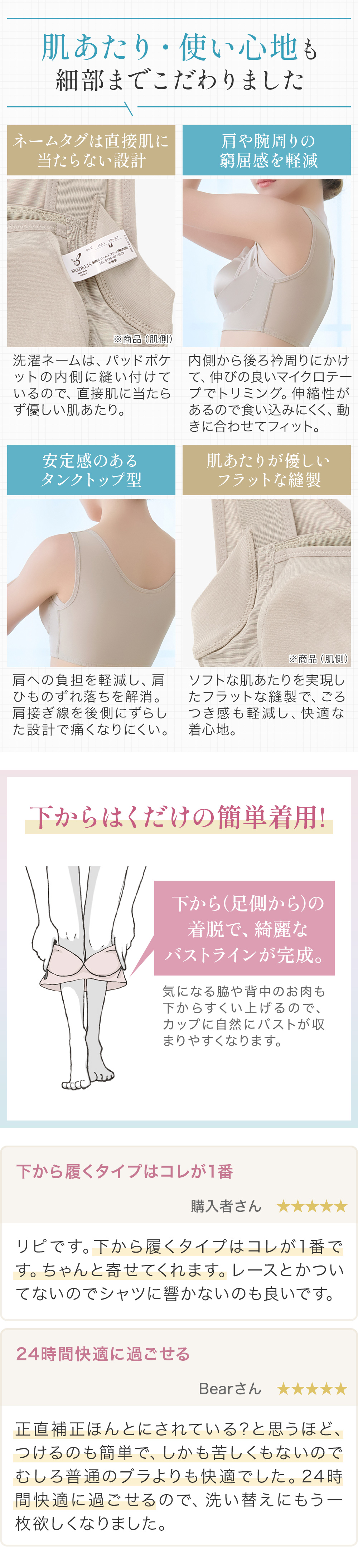 肌あたり・使い心地も細部までこだわりました。下からはくだけの簡単着用。お客様の声