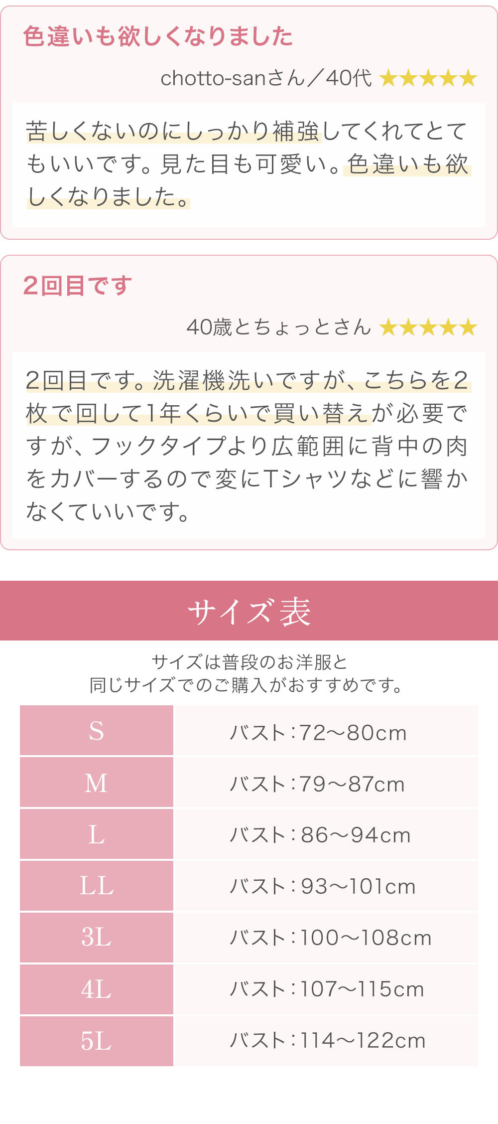 お客様の声。サイズ表