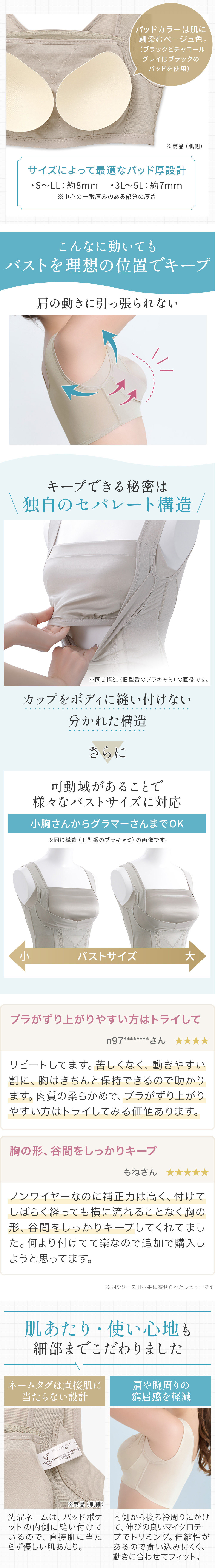 カップをボディに縫い付けない独自のセパレート構造。お客様の声