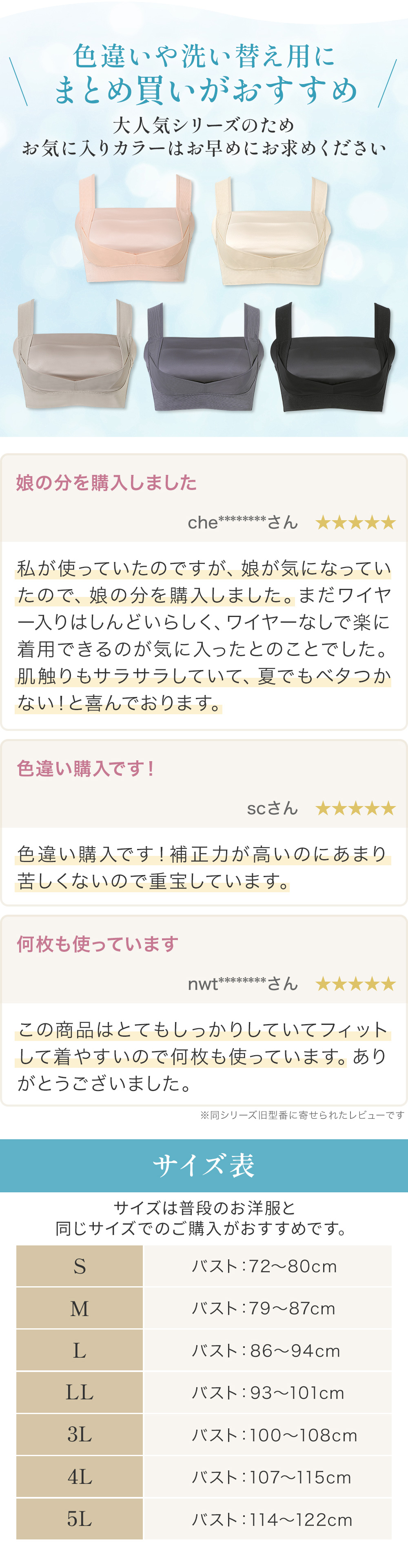 まとめ買いがおすすめ。お客様の声。サイズ表