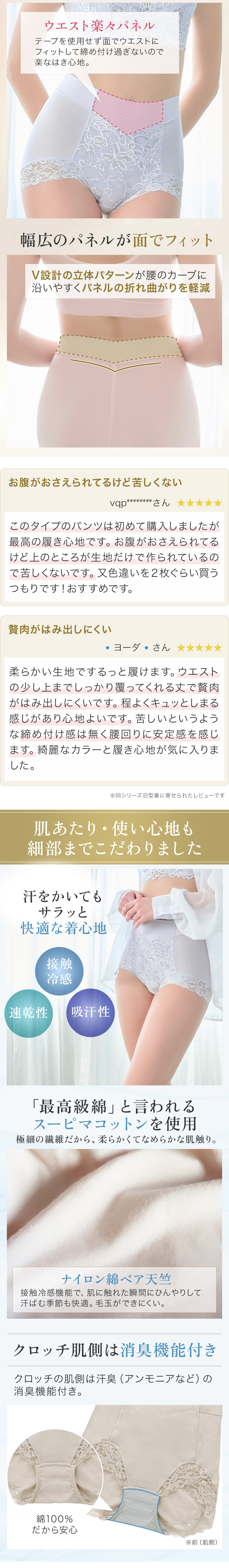 商品特徴。お客様の声。肌あたり・着心地も細部までこだわりました