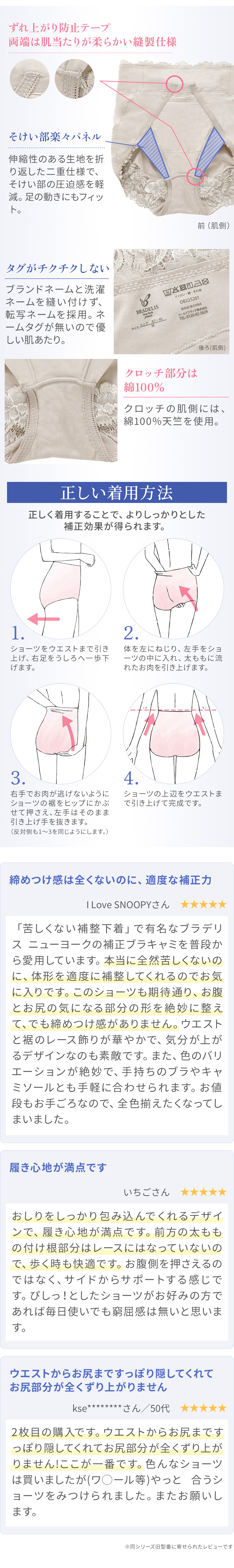 商品詳細。着用方法。お客様の声