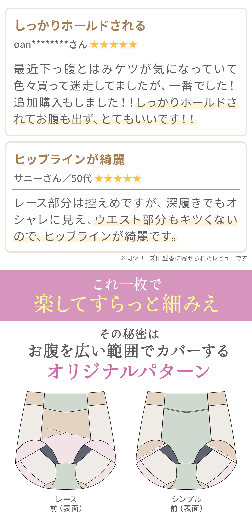 お客様の声。これ一枚で楽してすらっと細みえ
