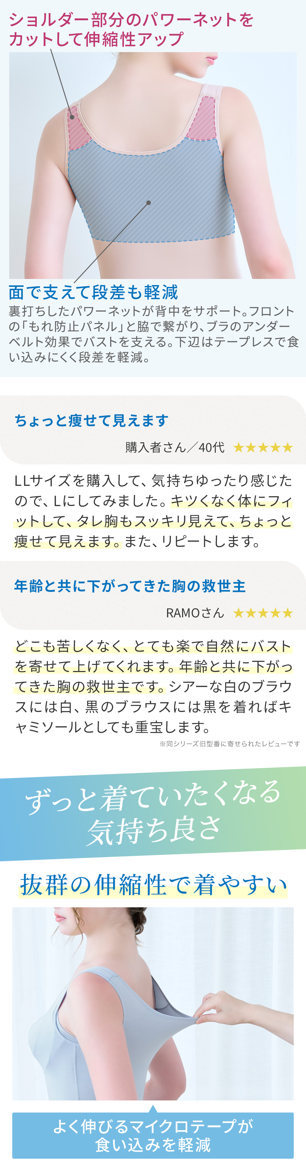 お客様の声。抜群の伸縮性で着やすい