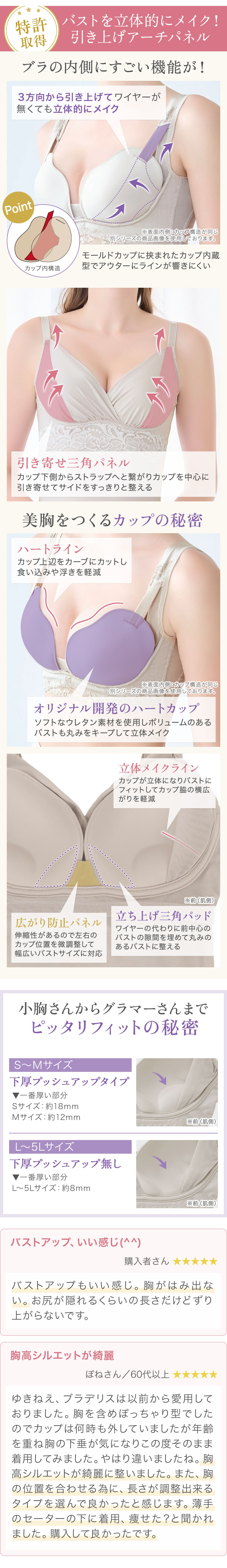 ノンワイヤーでもしっかり美胸をキープ。小胸さんからグラマーさんまでピッタリフィット。お客様の声