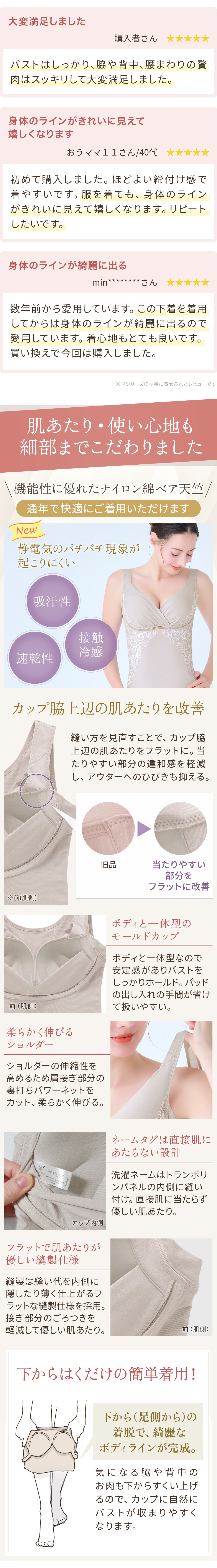 お客様の声。肌あたり・使い心地も細部までこだわりました。下からはくだけの簡単着用！