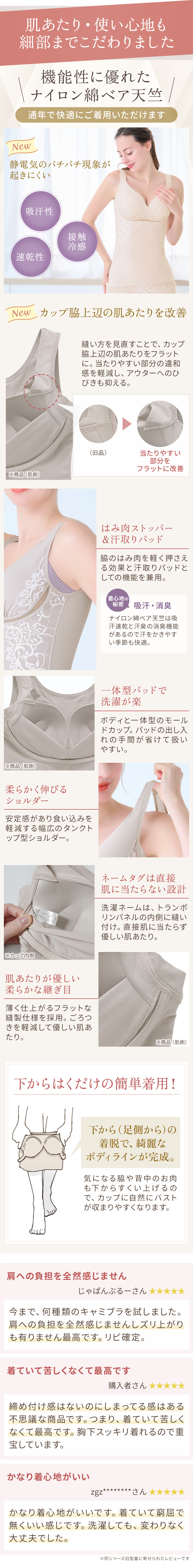 肌あたり・使い心地も細部までこだわりました。下からはくだけの簡単着用！お客様の声