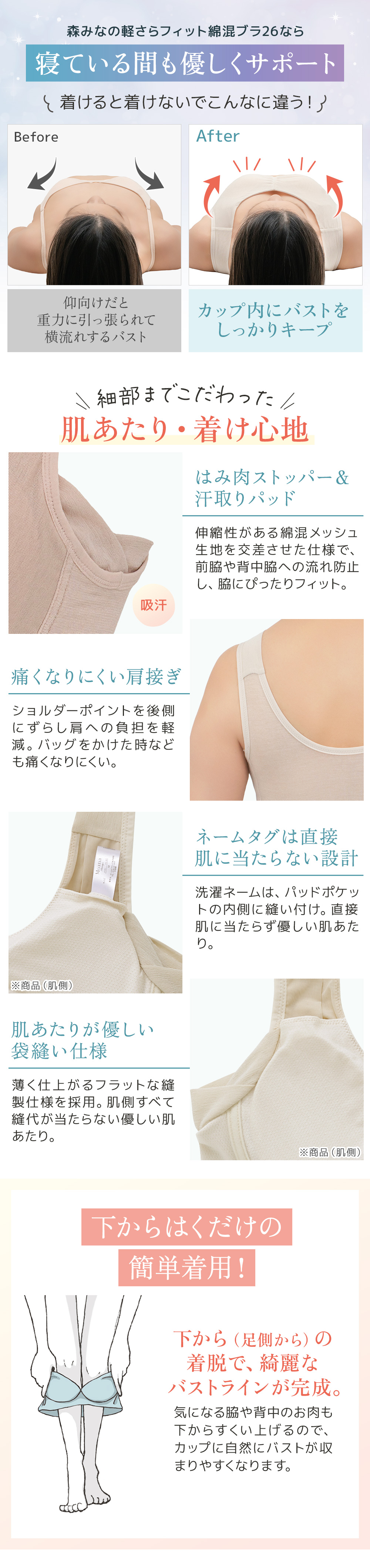 細部までこだわった肌あたり・着け心地。商品詳細。下からはくだけの簡単着用！