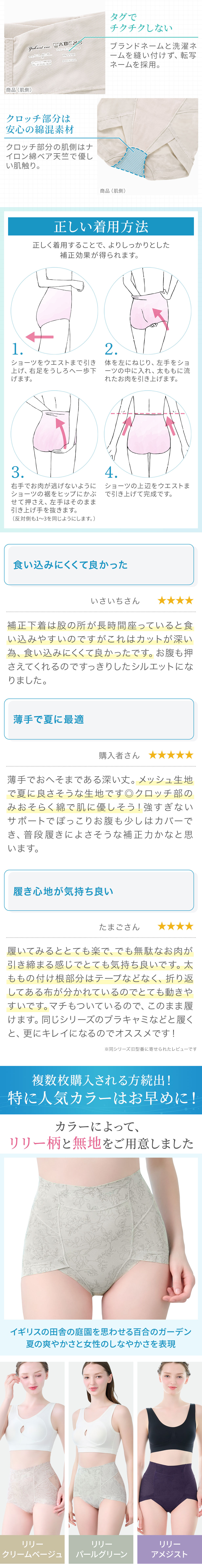 商品詳細。着用方法。お客様の声