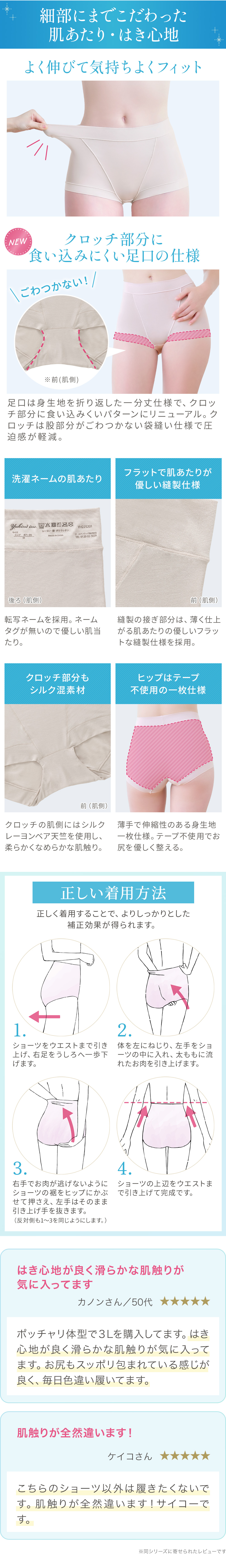 細部までこだわった肌あたり・はき心地。着用方法。お客様の声