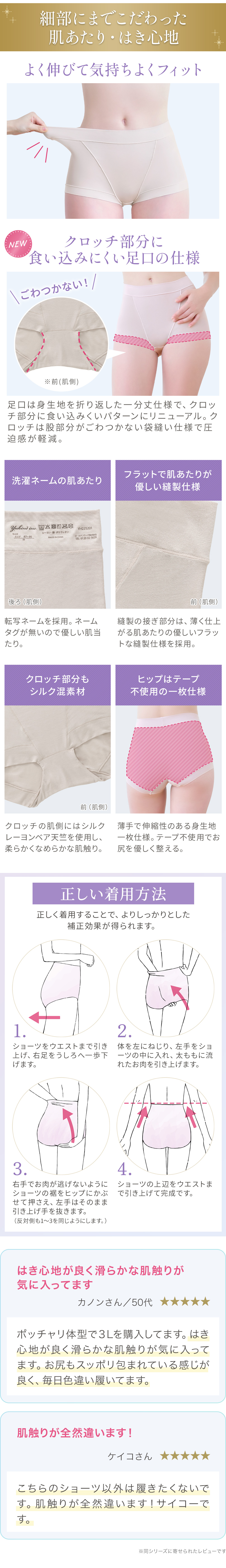 細部までこだわった肌あたり・はき心地。着用方法。お客様の声