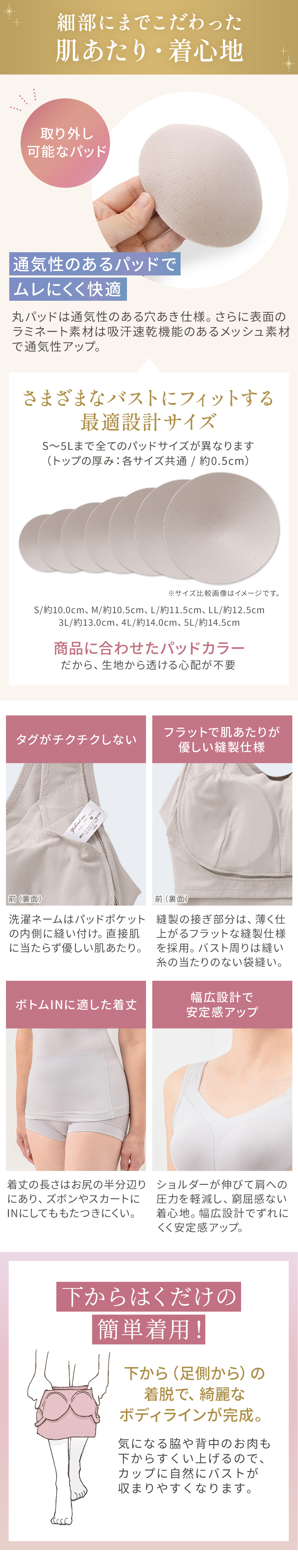 細部にまでこだわった肌あたり・着心地。商品詳細。下からはくだけの簡単着用！