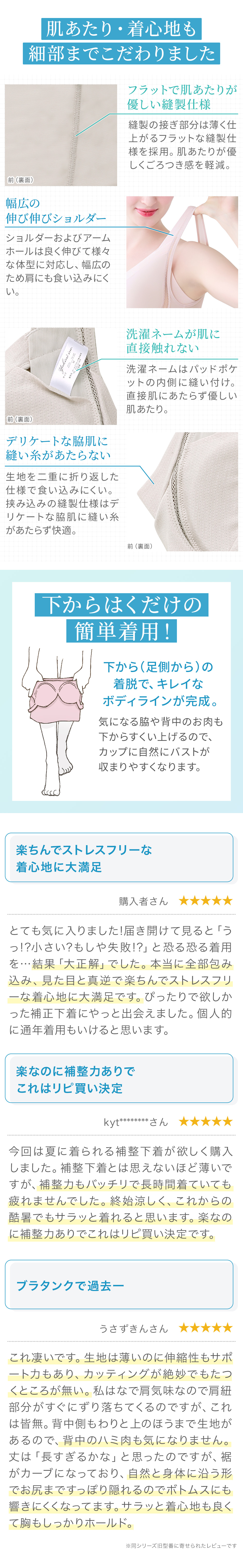 肌あたり・着心地も細部までこだわりました。着用方法。お客様の声