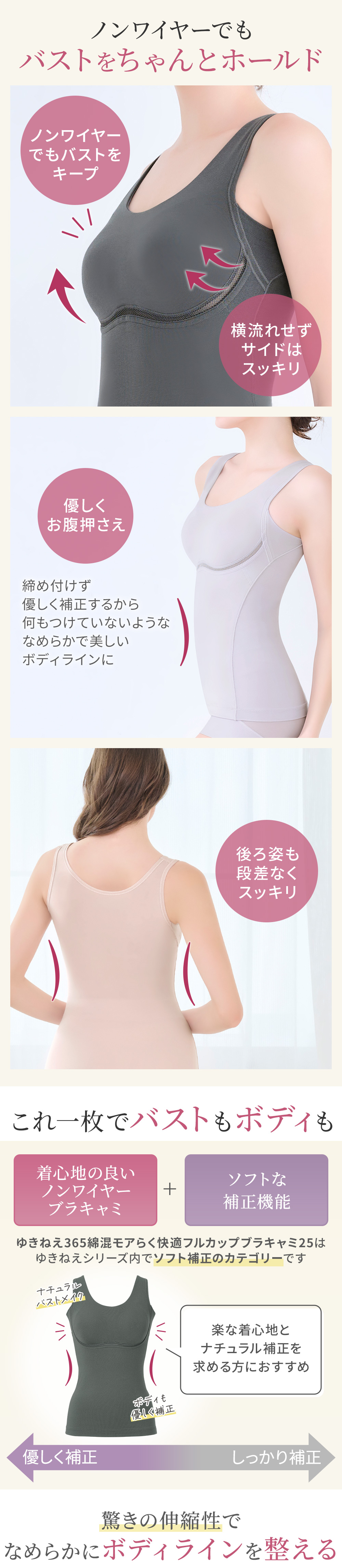 ノンワイヤーでもバストをちゃんとホールド。これ一枚でバストもボディも