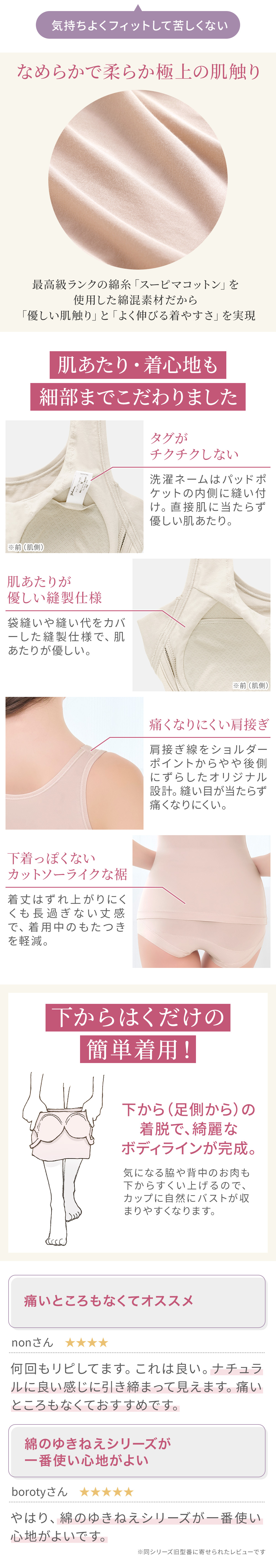 最高級ランクの綿糸スーピマコットン使用。下から履くだけの簡単着用。お客様の声