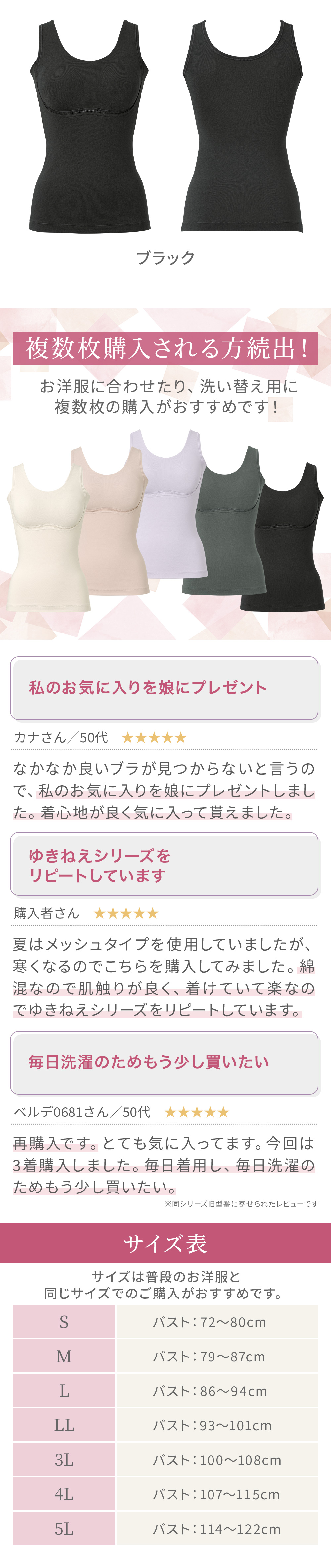 複数まとめ買いがおすすめ。お客様の声。サイズ表