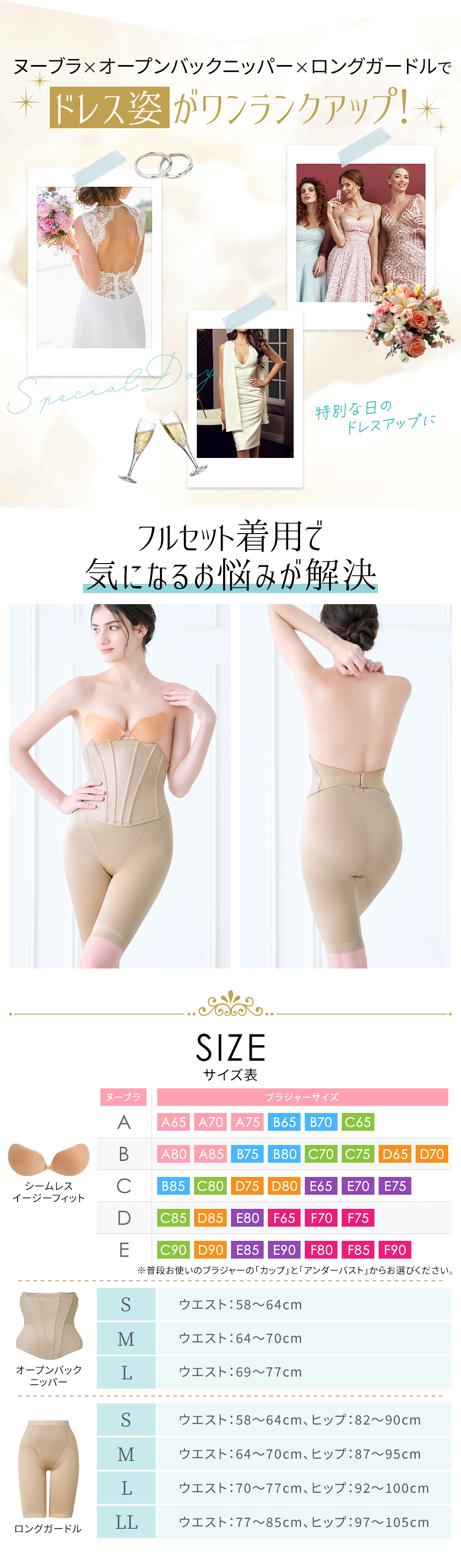 着用イメージ。サイズ表