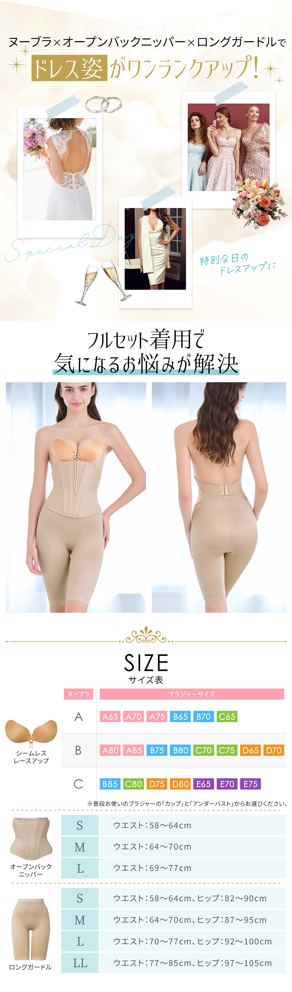 着用イメージ。サイズ表