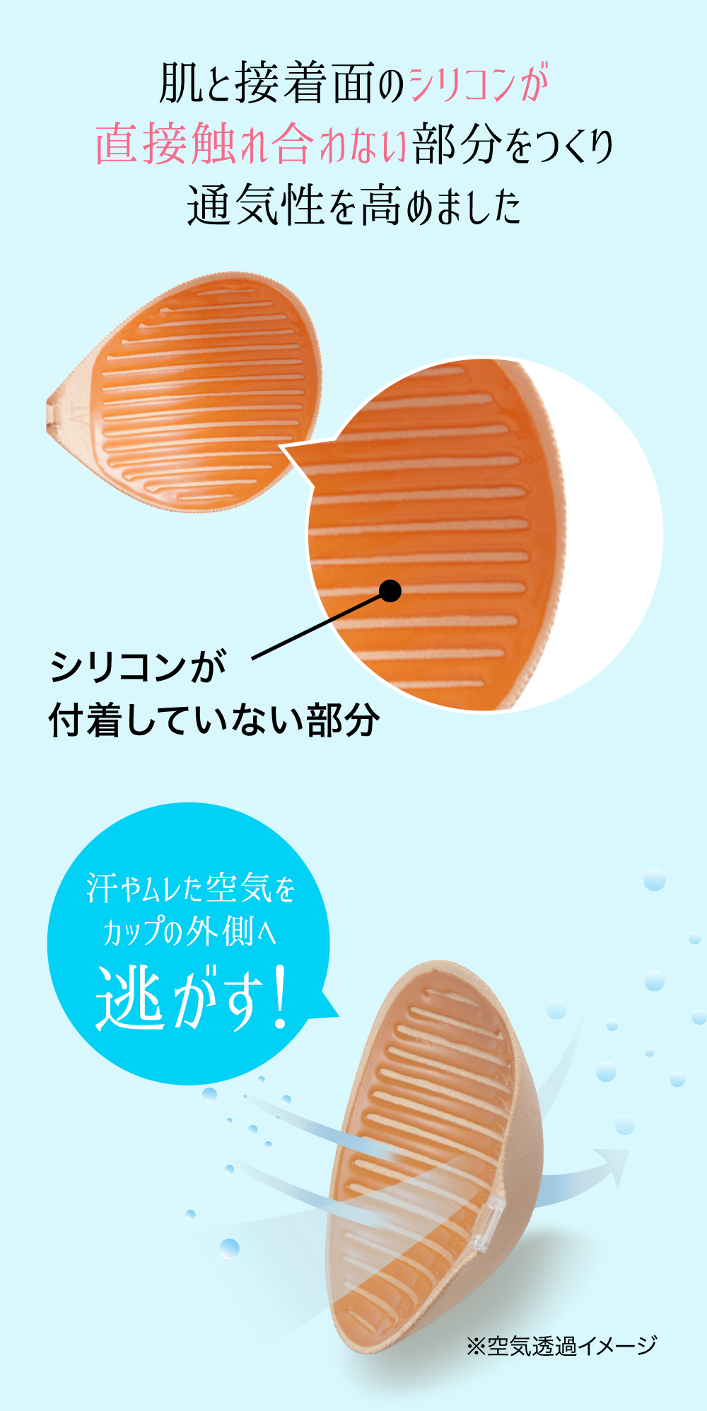 肌と接着面のシリコンが直接触れ合わない部分をつくり通気性を高めました