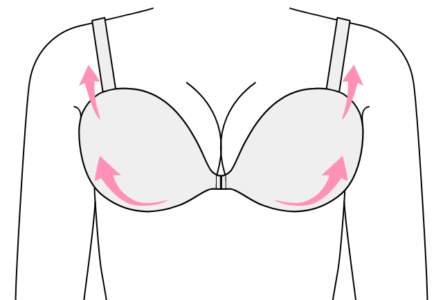 通常のブラ：ワイヤーで下から支え肩紐で引き上げるイラスト