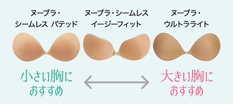 小さい胸におすすめなヌーブラ・シームレス パテッド、オールマイティなヌーブラ・シームレスイージーフィット、大きい胸におすすめなヌーブラ・ウルトラライト